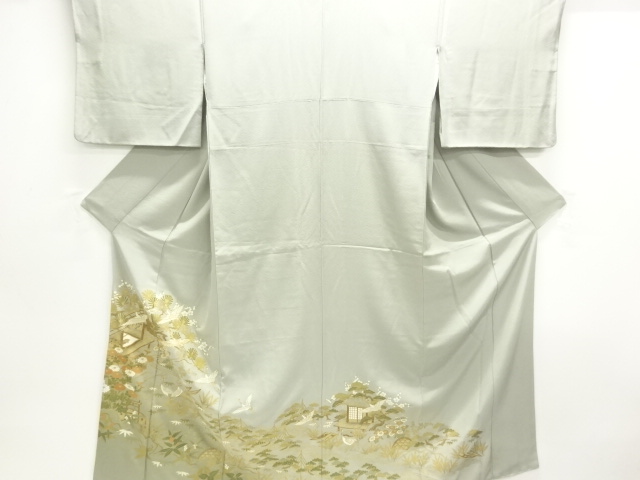 JAPANESE KIMONO / IRO-TOMESODE / KINSAI / CRANE & FLORAL PLANTS